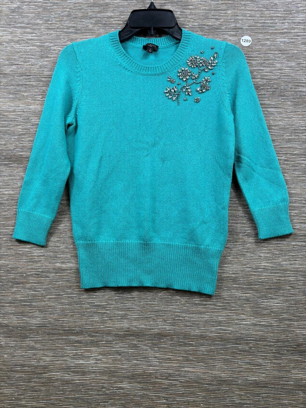 Talbots Sweater Shirt Top Womens Size P Teal Rhinestone Detail NEW